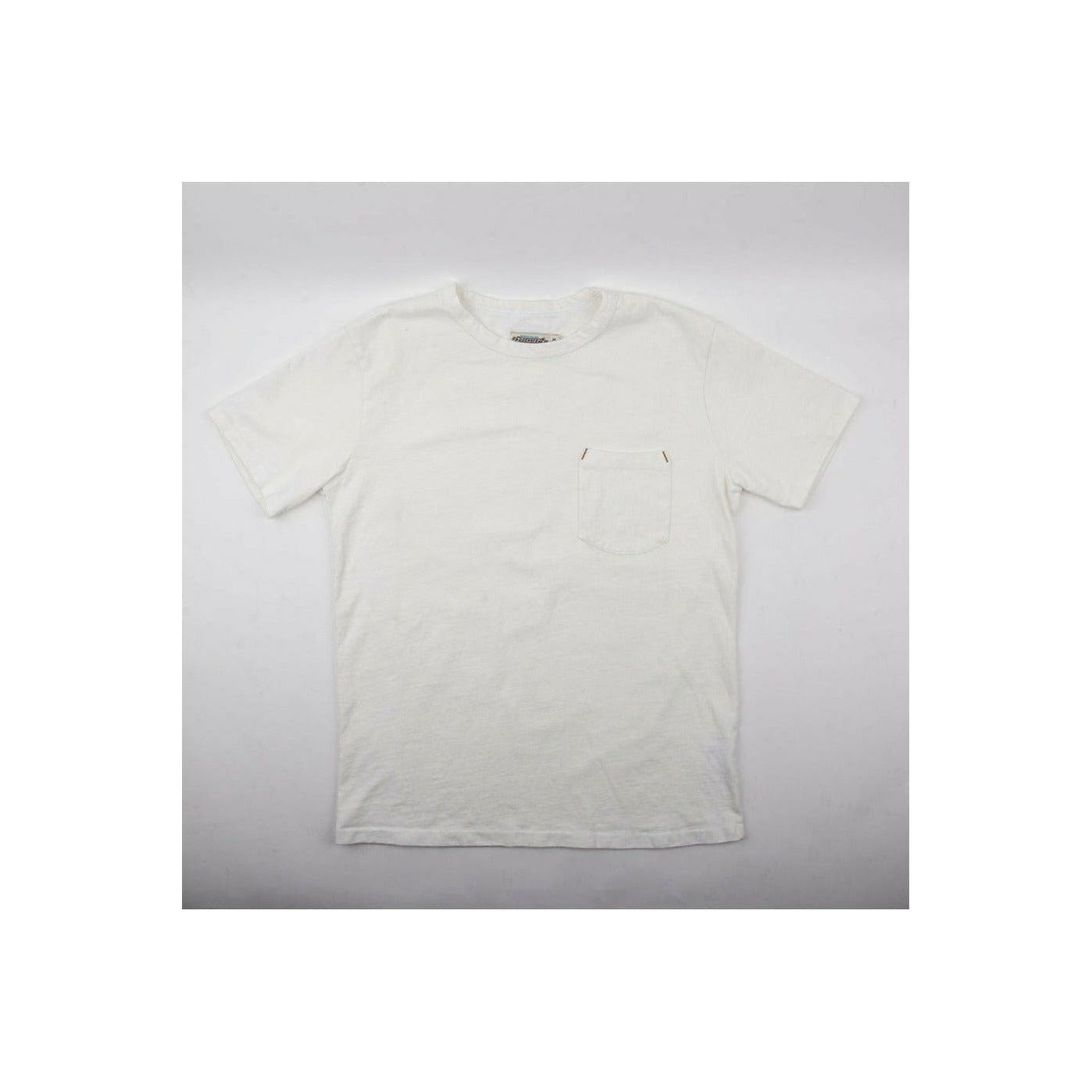 Men's white 13-ounce pocket T-shirt by Freenote Cloth, featuring a classic fit and durable cotton fabric.