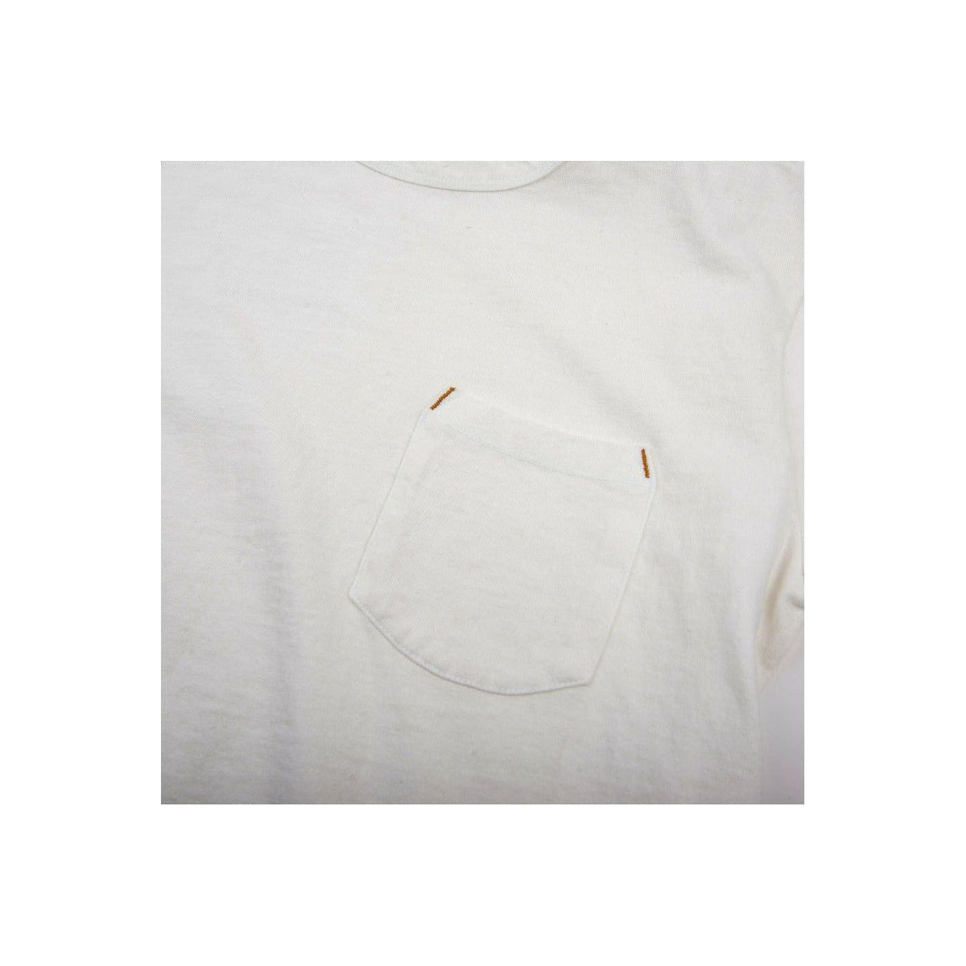 Men's 13-ounce white pocket T-shirt by Freenote Cloth, casual cotton shirt with front pocket and durable fabric.