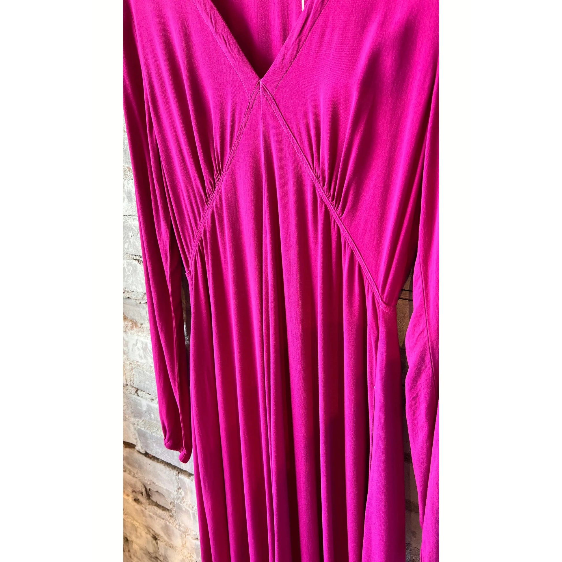Women's hand-painted tie dye Natalie dress by Raquel Allegra featuring vibrant dahlia colors and a relaxed fit.