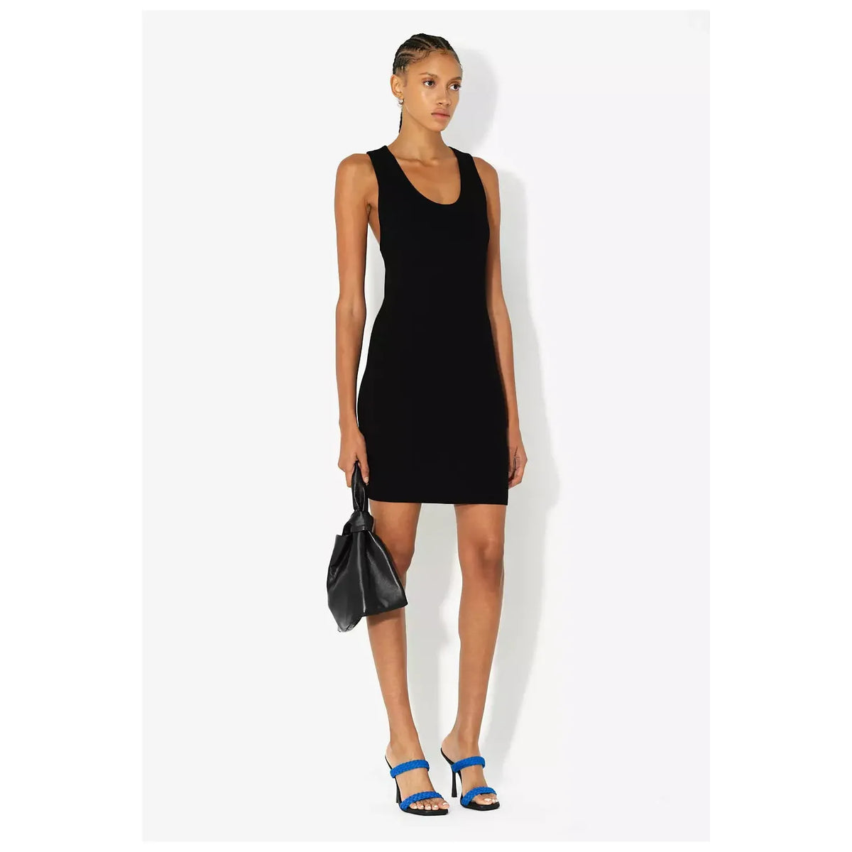 Black Gemini Rib Racerback Dress for women by John Elliot, featuring a fitted ribbed design and sleeveless racerback style.