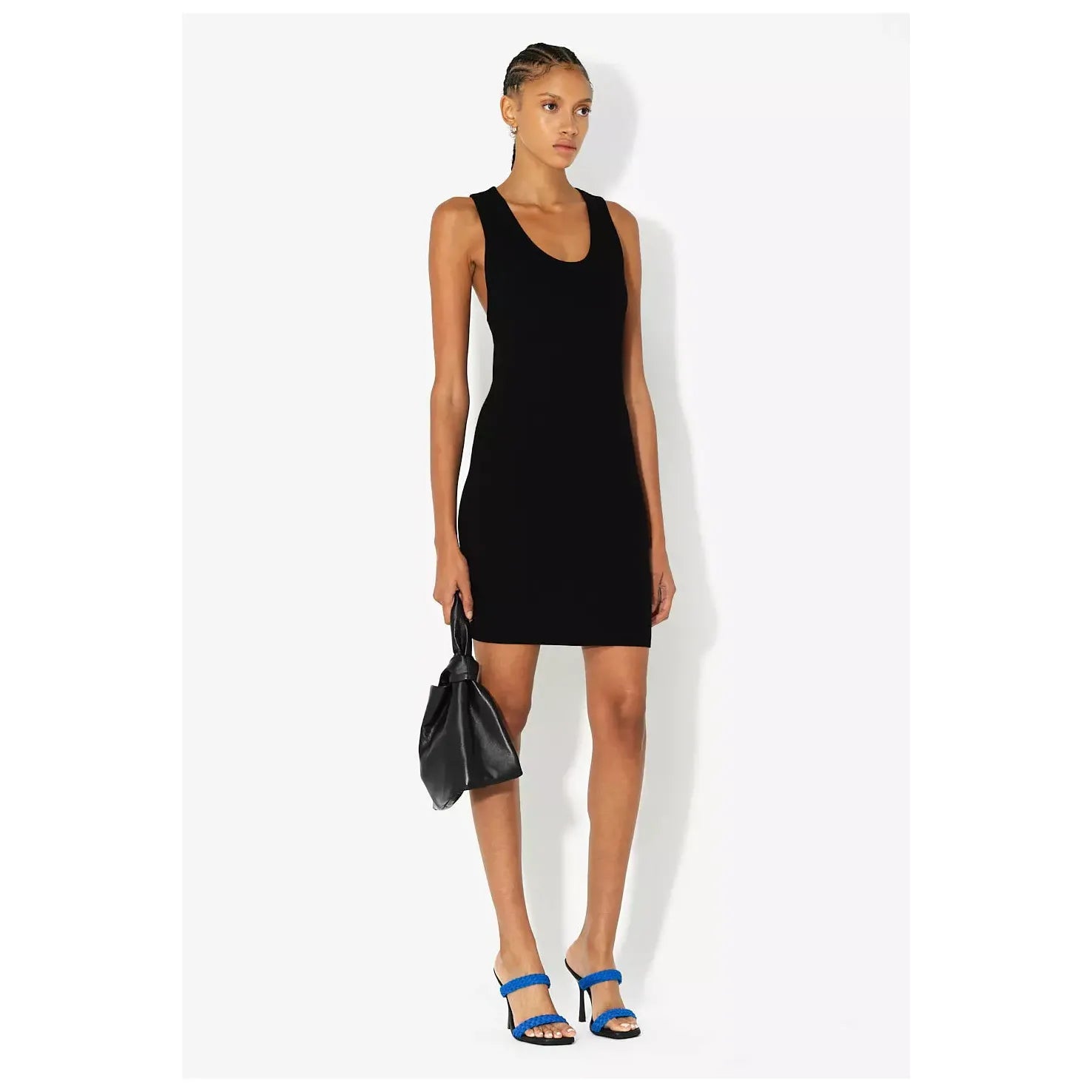 Black Gemini Rib Racerback Dress for women by John Elliot, featuring a fitted ribbed design and sleeveless racerback style.