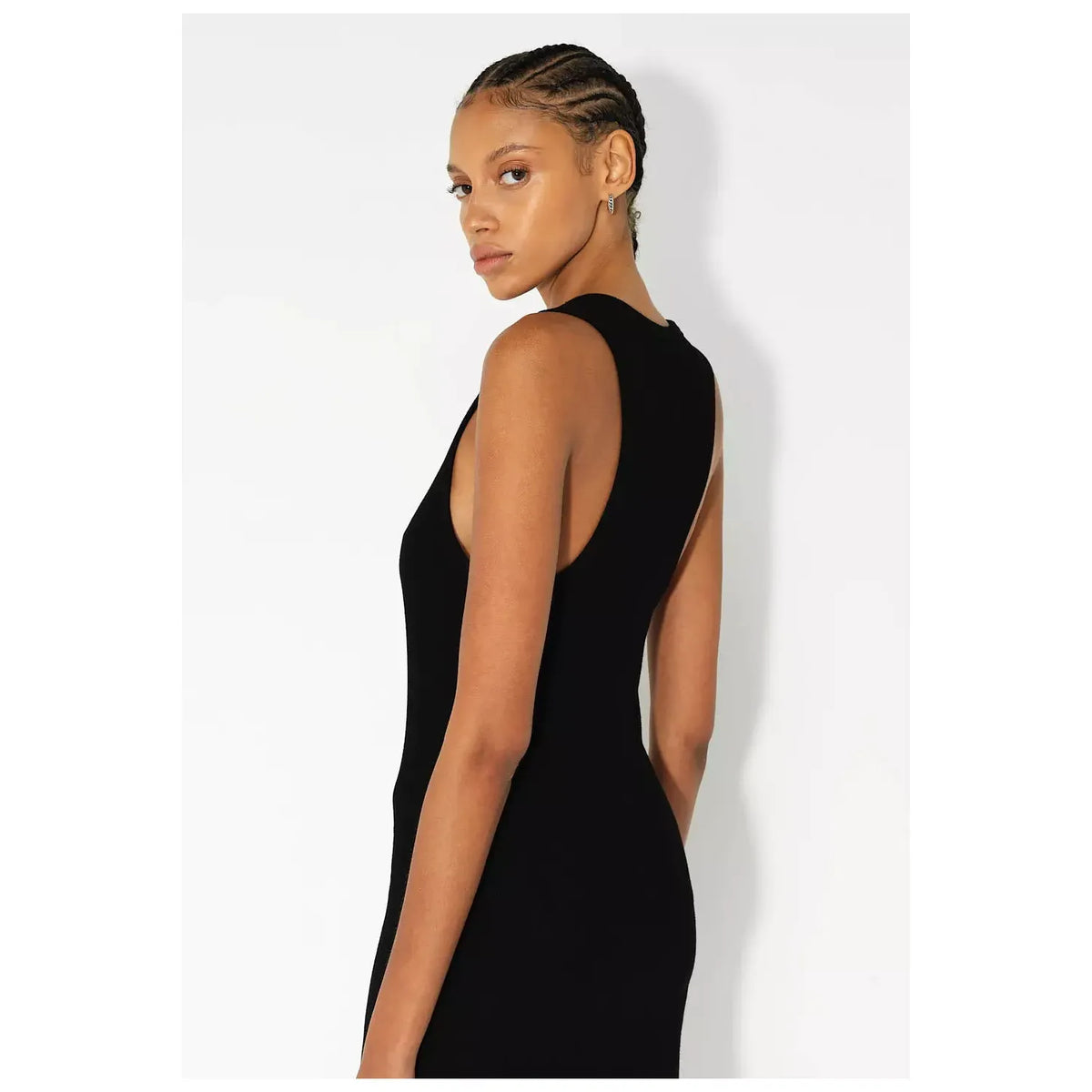 Black Gemini Rib Racerback Dress for women by John Elliot, featuring a fitted ribbed fabric and stylish racerback design.