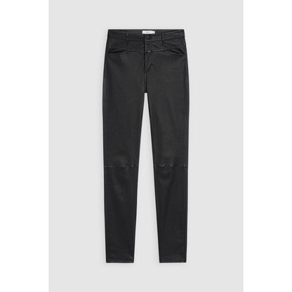 Black women's stretch leather pants from Closed Women's Skinny Pusher collection, showcasing a slim fit and sleek design.