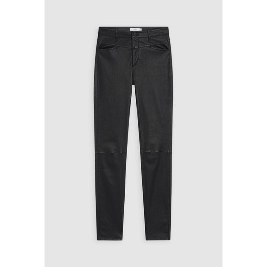 Black women's stretch leather pants from Closed Women's Skinny Pusher collection, showcasing a slim fit and sleek design.