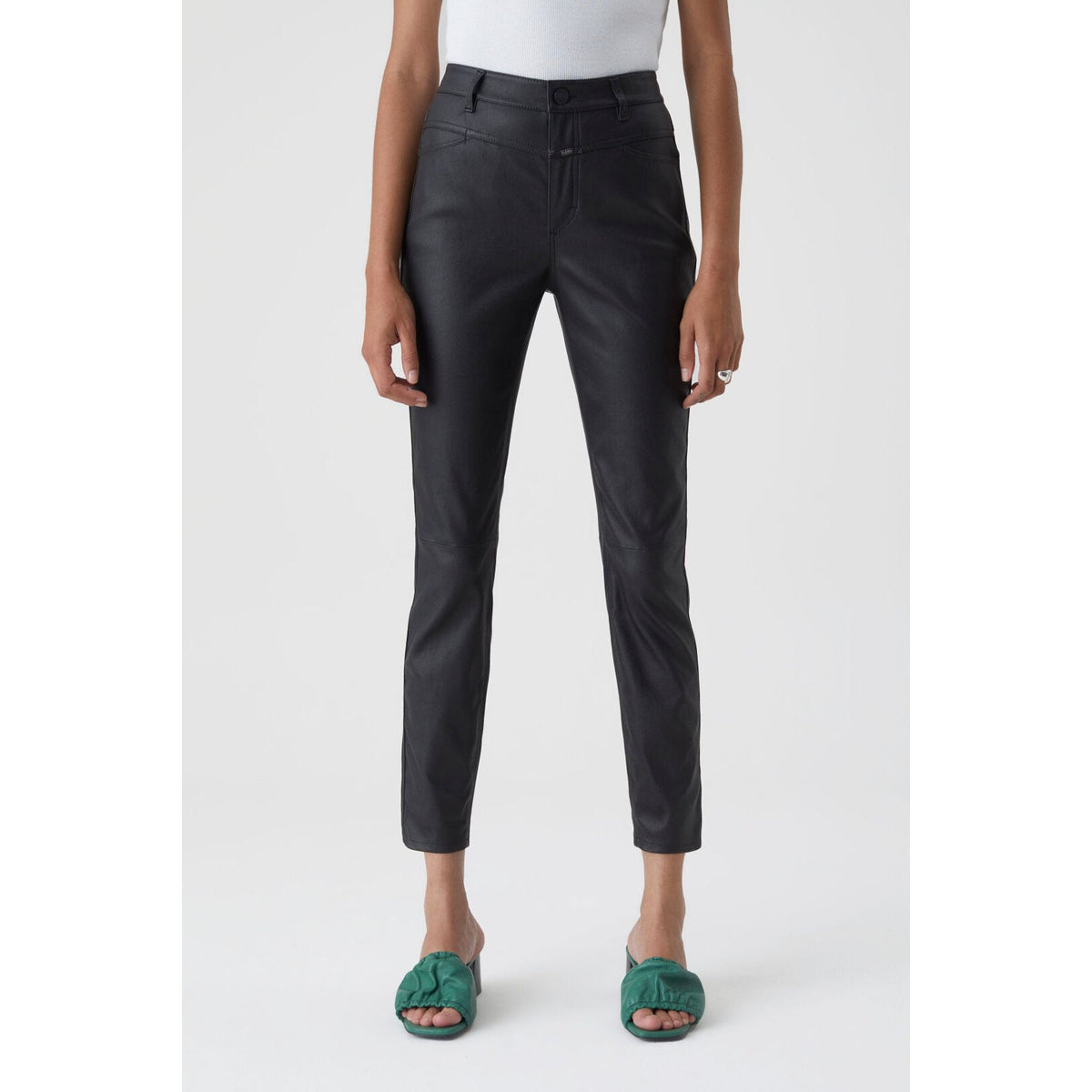 Black women's stretch leather pants from Closed Women's Skinny Pusher collection, fitted and stylish for a modern look.