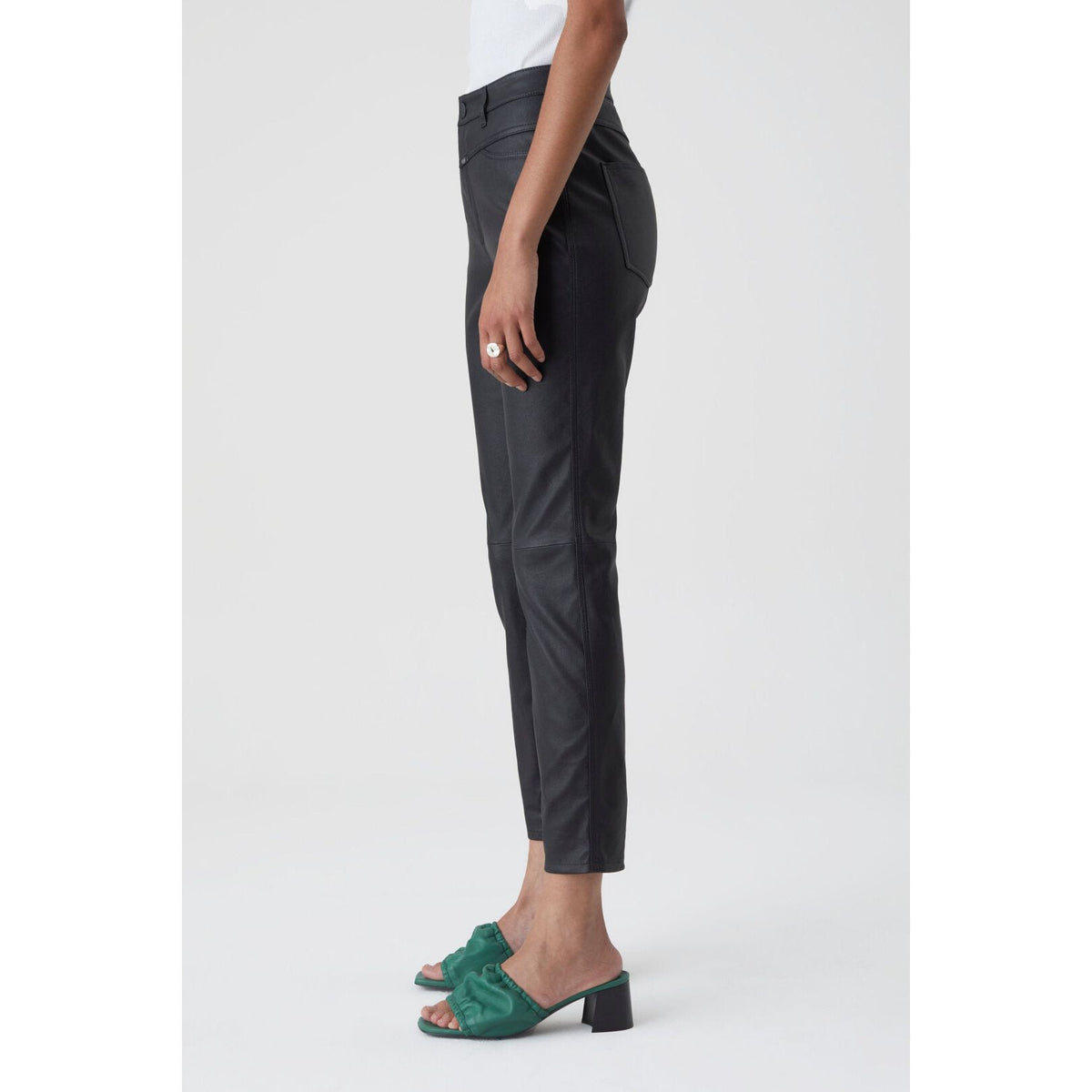 Black women's Skinny Pusher stretch leather pants by Closed Women's, fitted and stylish, shown on a model.